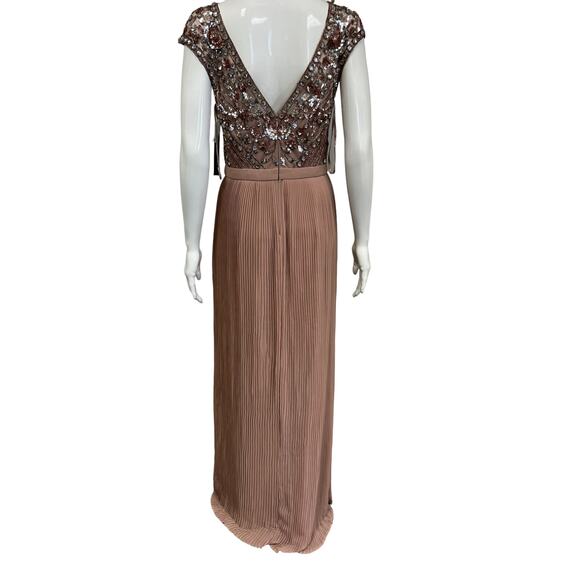 AIDAN MATTOX Pink Sequin Lace Embellished Jewel Neck Pleated Maxi Dress Gown 6 - Picture 3 of 7
